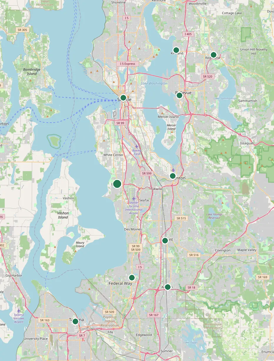 Map of the Seattle–Tacoma area with green pins on Burien, Seattle, Tacoma, Bellevue, Kent, Renton, Federal Way, Kirkland, Auburn and Redmond