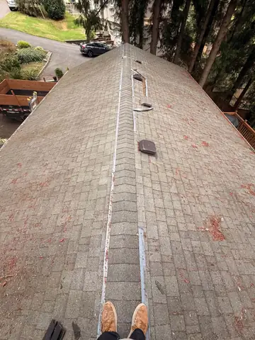 Old mossy shingle roof with damaged ridge before replacement